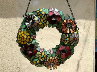 Vintage Stained Glass Hanging Suncatcher Lovely Flower Design 14 1/2 "