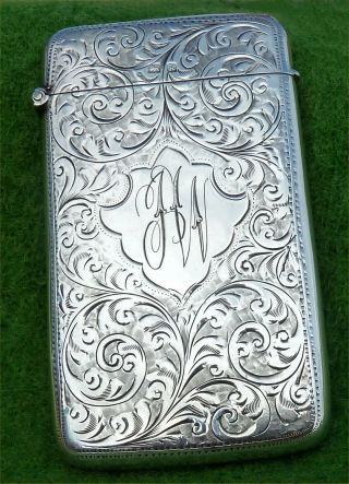 Art Nouveau Decorated Slim,  Solid Silver Card Case - Birmingham 1909 - 1.  59 Ozt