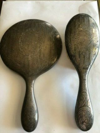 Antique Sterling Silver Hand Mirror And Brush Set