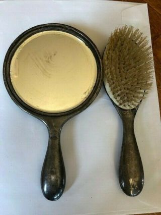 ANTIQUE STERLING SILVER HAND MIRROR AND BRUSH SET 3