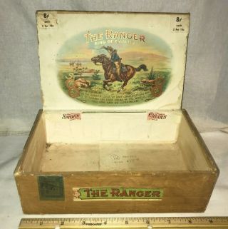 Antique The Ranger Wood Cigar Box Vintage Tobacco Colorado Cowboy Horse Gun Cow