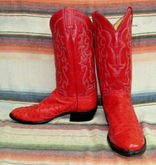 Mens Vintage Tony Lama Red Full Quill Ostrich Cowboy Boots 11 D Cond
