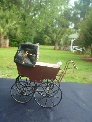 Vintage Signed Cyr Dollhouse Miniature Baby Carriage English Pram Metal Leather