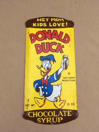 Vintage Donald Duck Chocolate Syrup Die Cut Embossed Can Door Push Ad Sign