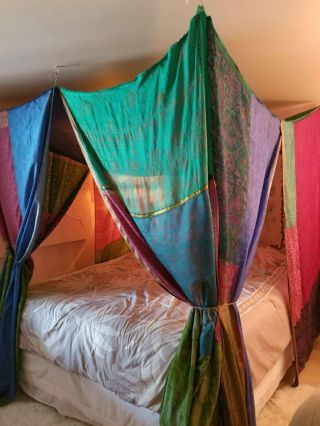 Boho Bed Canopy Gypsy Hippie Hippy India Vtg Silk Saree Patchwork Bedroom Decor