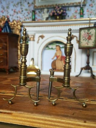 Antique Vintage Dollhouse Miniature Artisan Fireplace Brass Andirons 1:12