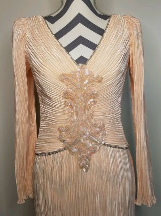 Vtg 70s 80s Prom Pink Peach Beaded Pleated Party Evening Dress Gown Union Made