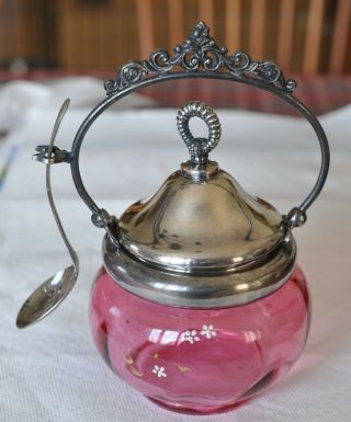 Antique Cranberry Glass Jam Jar With Spoon,  Silverplated Handle And Top