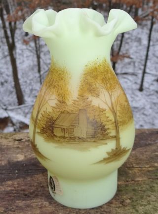 Fenton Custard Glass Hand Painted Log Cabin Tree Lamp Shade 3 " Fitter Vtg
