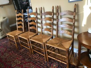 Vintage Oak Ladder Back Rush/cane Seat Chairs Set Of 4