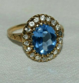 Art Deco 10k Yellow Gold Oval Rose Cut Blue Topaz Diamond Halo Ring Sz 6 3.  5ct
