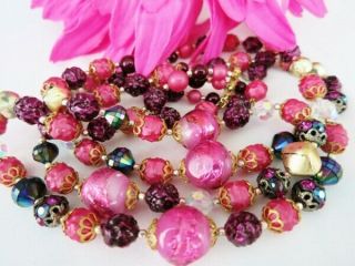 Antique Venetian Murano Pink Fuchsia Gold Foil Art Glass Bead Vintage Necklace