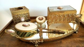 Vanity Set Oval Tray,  Hand Mirror,  Brush,  Tissue & Jewlery Box & Cameo 