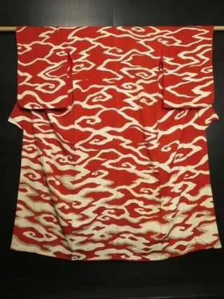 0721s05z780 Vintage Japanese Kimono Silk Tsukesage Orange - Red Cloud
