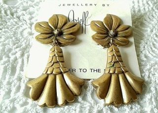 Joseff Of Hollywood Antiqued Gold Plated Brass Flora Dangle Vintage Earrings Nwt