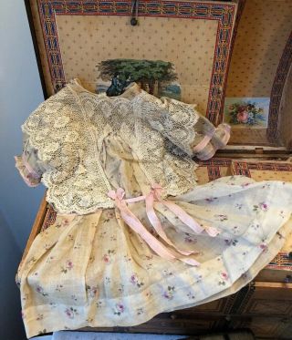 Fabulous Antique Cotton Floral Child Doll Dress W/lace Panel Fronts