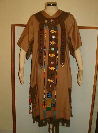 Vintage Camp Fire Girls Ceremonial Dress Wood Beads Pins Patches Fringe