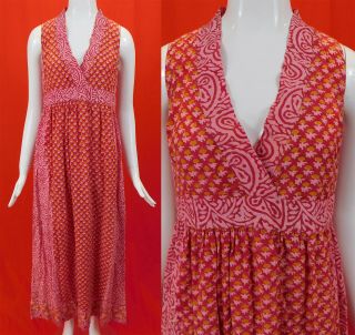 Vintage India Imports Of Rhode Island Pink Orange Block Print Boho Maxi Dress