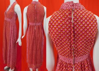 Vintage India Imports of Rhode Island Pink Orange Block Print Boho Maxi Dress 2