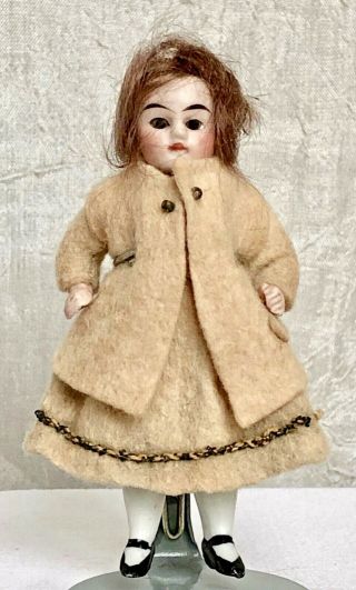 Antique.  Dressed All German Glass - Eyed Bisque Doll 3 1/2 "