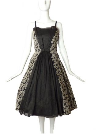 Carlye - 1950s Black Embroidered Organza Dress,  Size - 4