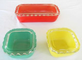 Vintage Jeanette Colored Glass 3 Pc Refrigerator Ruffled Edge Lid Dish Set