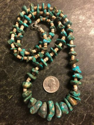Vintage 31 " Sterling Silver Deep Green Turquoise Heishi Necklace 925