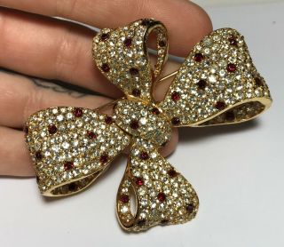 Signed Ciner Gold Tone Pave Set Rhinestone Bow Tie Large Costume Brooch Pin