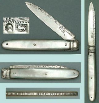 Antique Mother Of Pearl & Sterling Silver Folding Fruit Knife Circa 1820 - 30