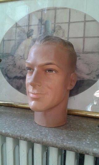Vintage 1930 Male Plaster Of Paris Mannequin Bust Head Shop Display