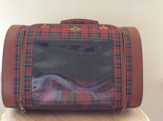 Carlain Paris Vintage Dog Cat Pet Carrier Red Plaid Leather Trim