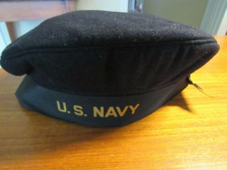 Vintage Wwii Us Navy Usn Sailor Flat Hat Cracker Jack Wool Uniform Cap 7 1/8