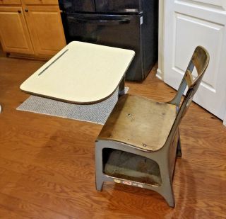 Vintage Student Wooden Chair Attached Desk Combo Storage Bin School House Learn