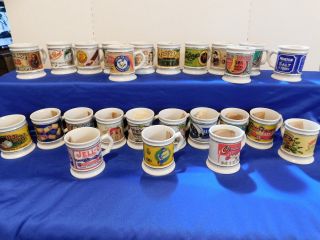 Vtg.  Set Of 25 Franklin " The Corner Store Porcelain Mugs " W/display Rack