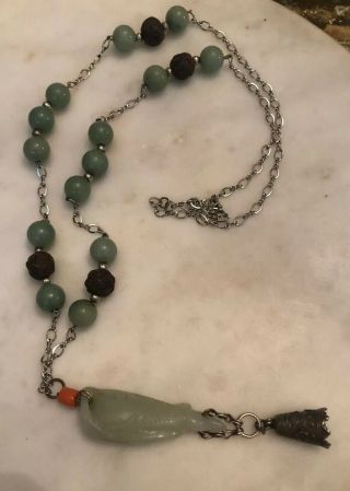 Vintage Chinese Asian Carved Jade Fish Necklace W/ Wood & Jadeite Beads Coral