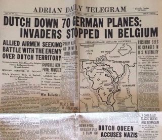 Wwii May 1940 " Dutch Down 70 German Planes " Newspaper