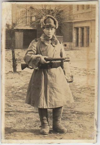 N32 Manchuria Garrison Japan Army Photo Soldier With Rifle And Coat 3