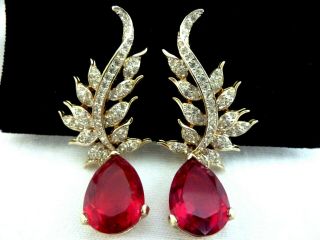 A,  Vintage Panetta Red Clear Rhinestone Floral Drop Dangle Earrings Signed Clip