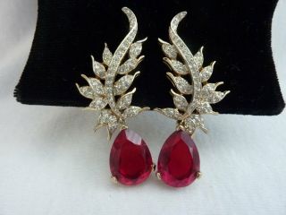 A,  Vintage PANETTA Red Clear Rhinestone Floral Drop Dangle Earrings Signed CLIP 2
