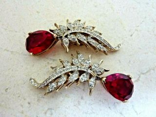 A,  Vintage PANETTA Red Clear Rhinestone Floral Drop Dangle Earrings Signed CLIP 4
