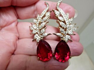 A,  Vintage PANETTA Red Clear Rhinestone Floral Drop Dangle Earrings Signed CLIP 7