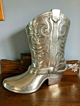 Large Vintage Towle Silversmiths Cast Metal Western Cowboy Boot Planter Statue