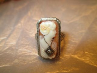 Antique Victorian 14k White Gold Cameo W/diamond Filigree Ring Sz 6