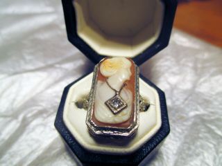 Antique Victorian 14K White Gold CAMEO w/Diamond Filigree Ring Sz 6 2
