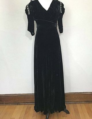 Vintage1930s Black Velvet Evening Gown Dress Rhinestone Puff Shoulders -