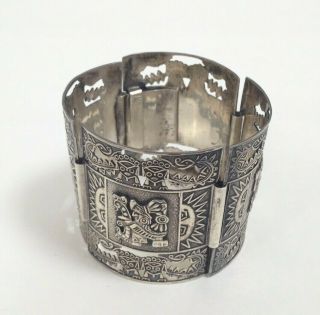 Vintage 925 Peru Sterling Silver Inca 4 Panel 2 " Wide Bracelet 7 " Jewelry Da169