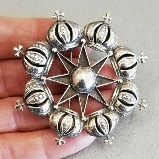 Vintage Jose Anton Style Taxco Large Sterling Silver Brooch Pin With Star And Cr