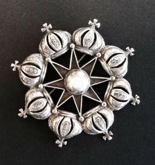 Vintage Jose Anton Style Taxco Large Sterling Silver Brooch Pin With Star and Cr 6