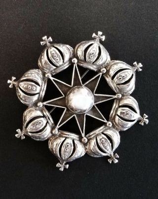 Vintage Jose Anton Style Taxco Large Sterling Silver Brooch Pin With Star and Cr 7