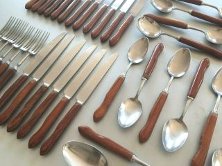 Mid Century Vintage Wostenholm Sheffield Teak Cutlery Set,  Knives Forks Spoons 2